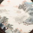 Load image into Gallery viewer, Round double-sided embroidery on carved rosewood stand depicting Chinese mountain landscape with pine trees, red sun, and river boats on silk
