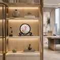 Load image into Gallery viewer, Lotus embroidery ornament displayed on a wooden desk with books, an inkstone, and a bonsai in a softly lit scholar's room