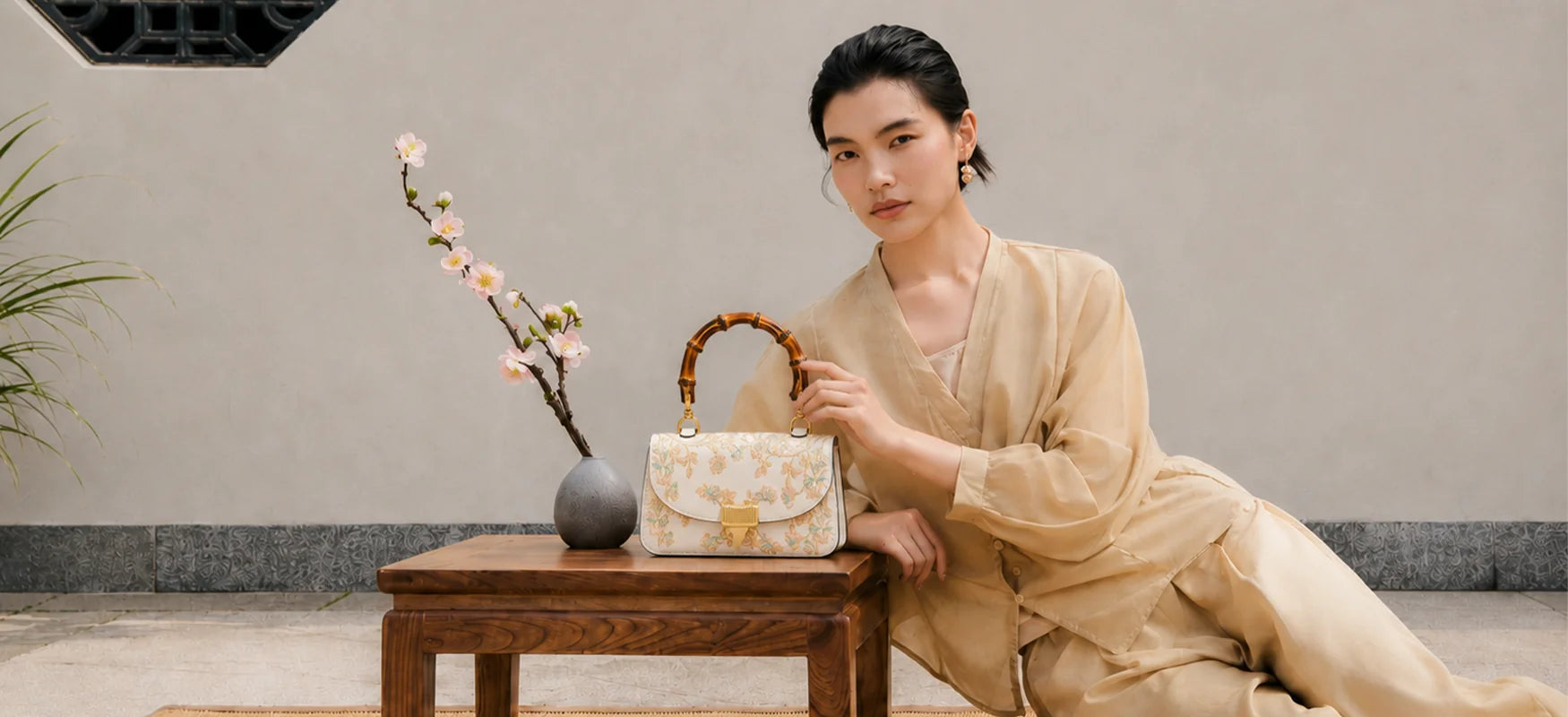 Handmade Floral Embroidery Handbag with Bamboo Handle, New Chinese Style Courtyard Zen Scene Model Lifestyle