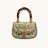 Luxury Chinese Camellia Flower Embroidery Genuine Leather Handbag with Bamboo Handle