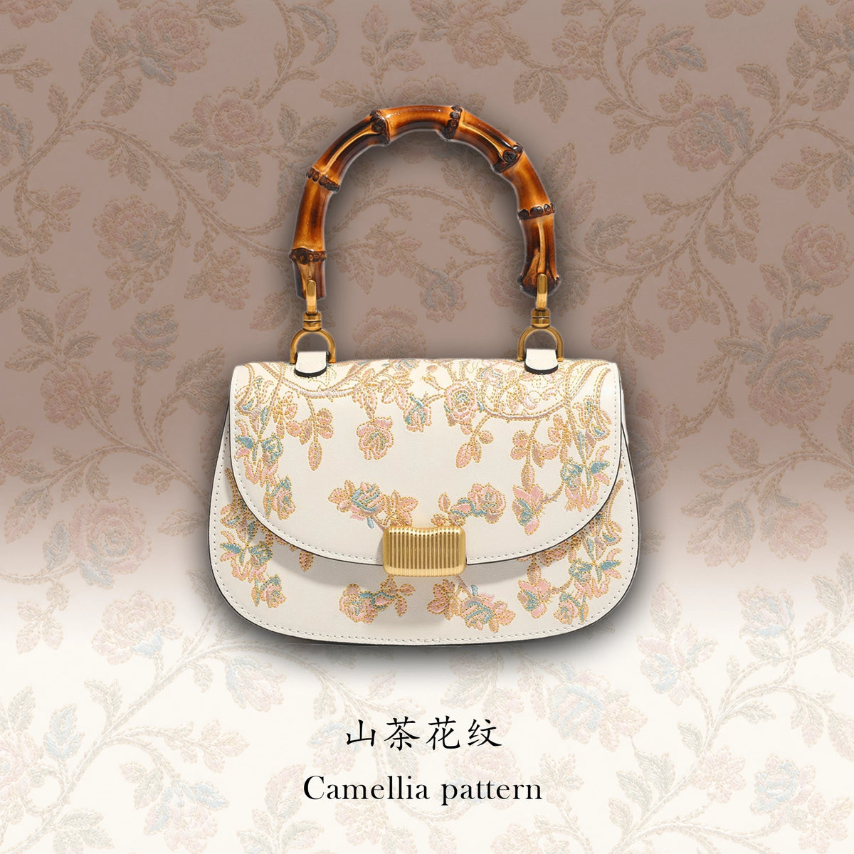 Luxury Chinese Camellia Flower Embroidery Genuine Leather Handbag with Bamboo Handle
