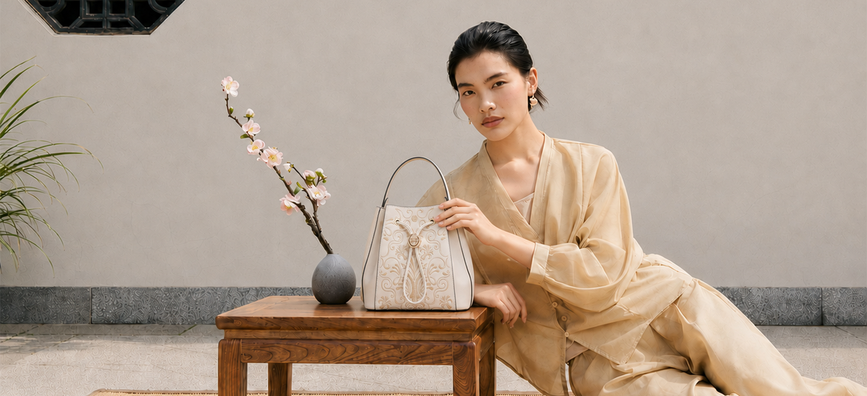 Genuine Leather Handmade Embroidered Bucket Handbag, New Chinese Style Floral Embroidery Top Handle Women Shoulder Bag
