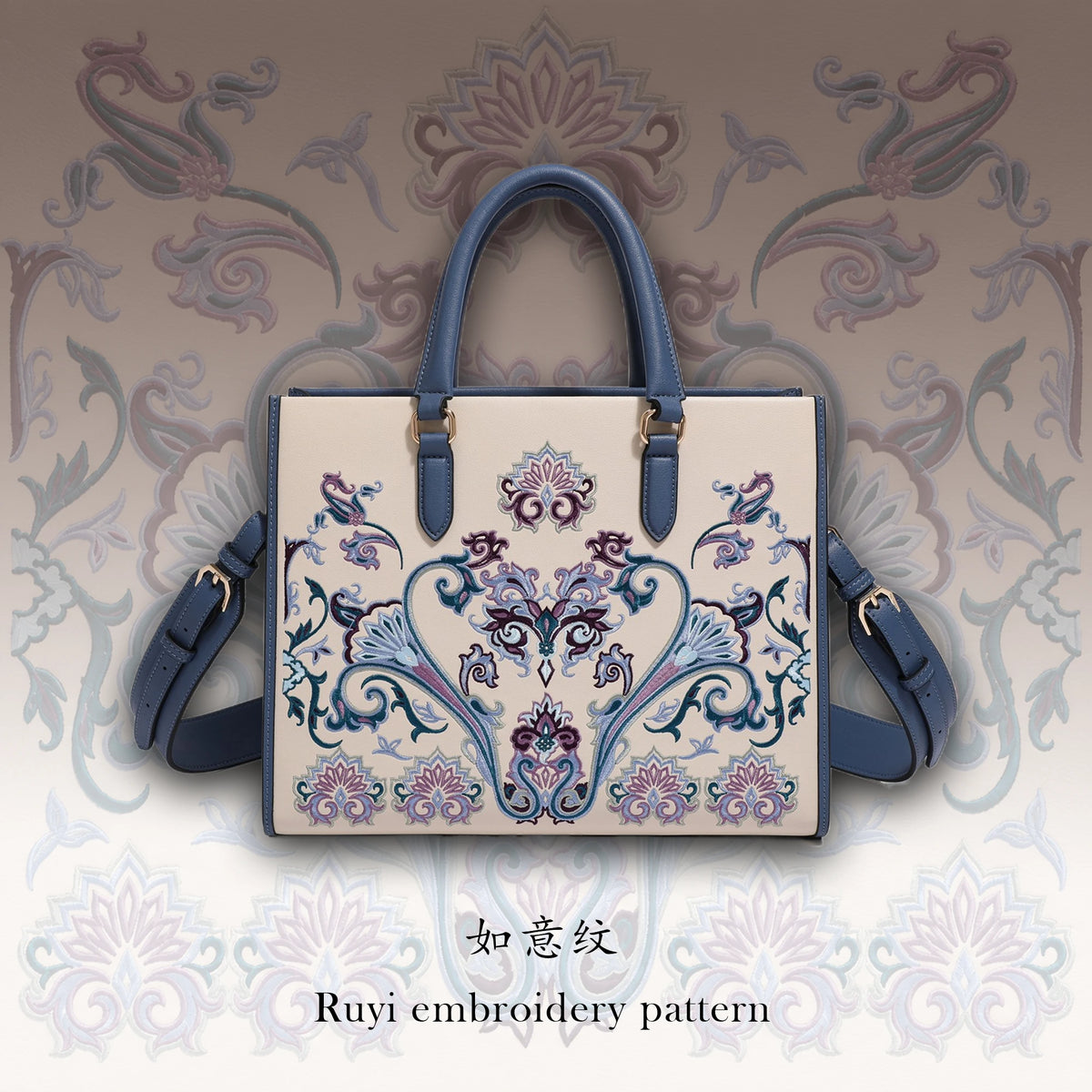 Borsa tote artigianale con ricamo Baoxiang e profili in pelle blu navy