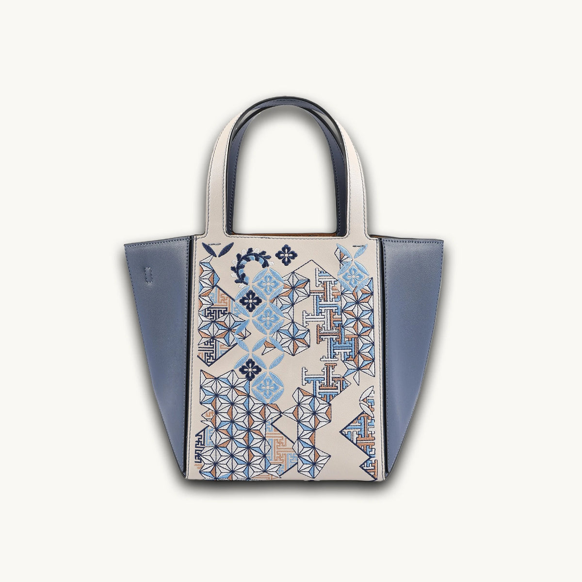 Luxury Handcrafted Design Architectural Geometric Embroidered Genuine Leather Tote Bag