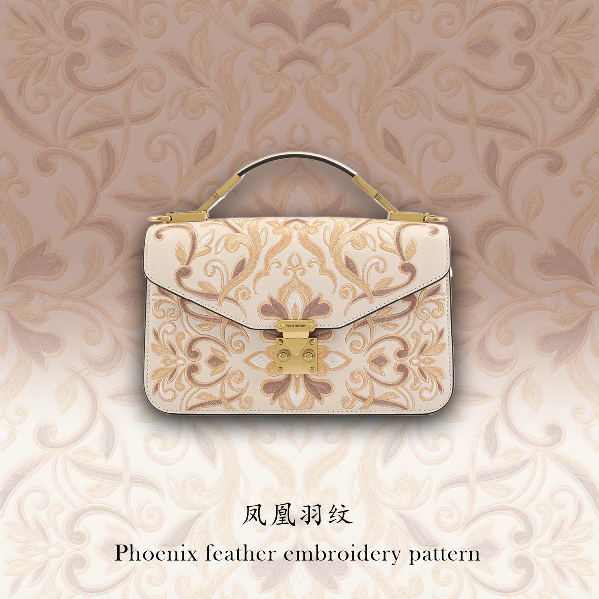 Bolso de lujo con bordado chinoiserie y broche dorado, de cuero dividido