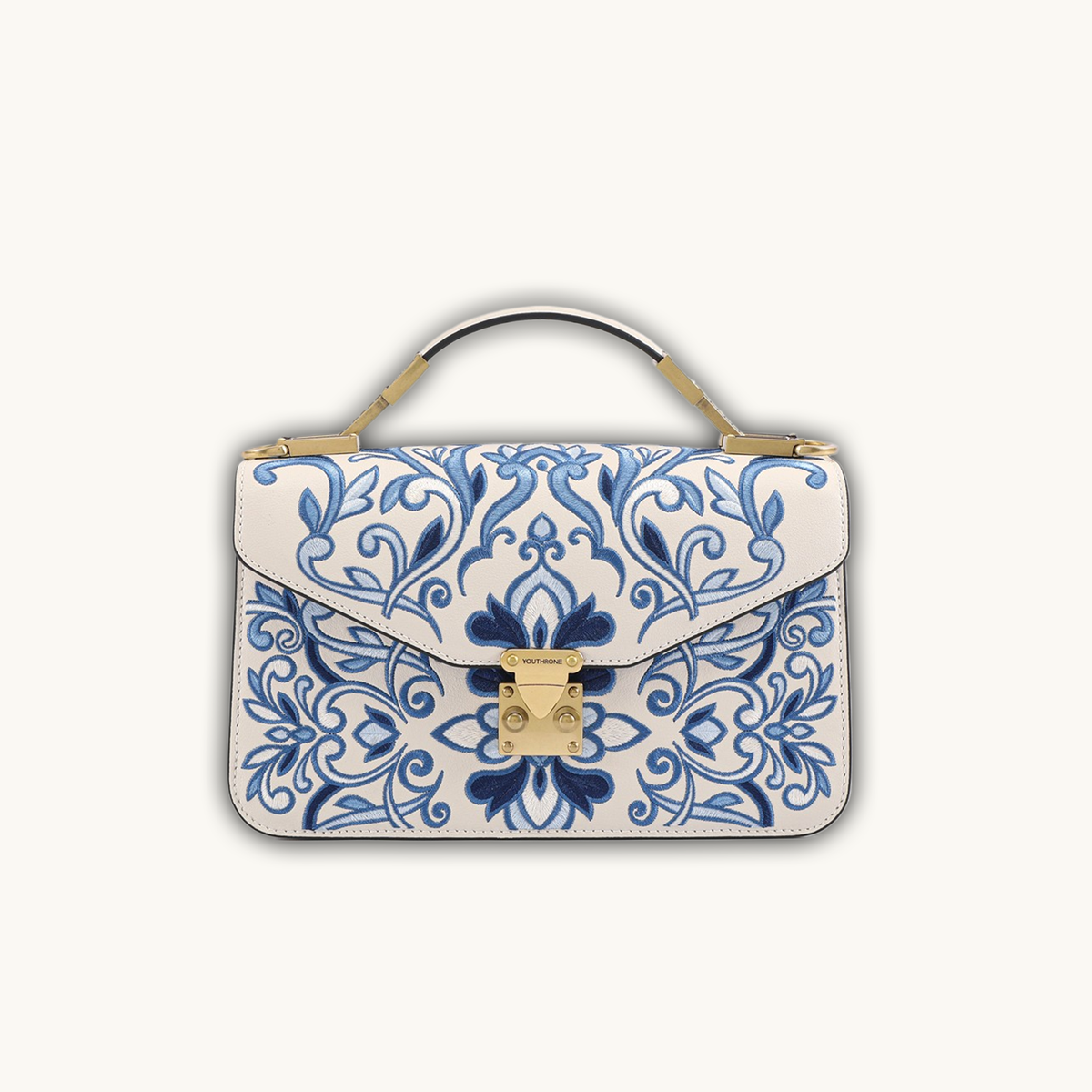 Bolso de lujo con bordado chinoiserie y broche dorado, de cuero dividido