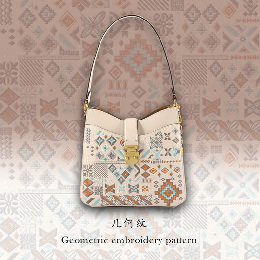 Handmade Chinese Color-Blocking Embroidered Genuine Leather Crossbody Bag