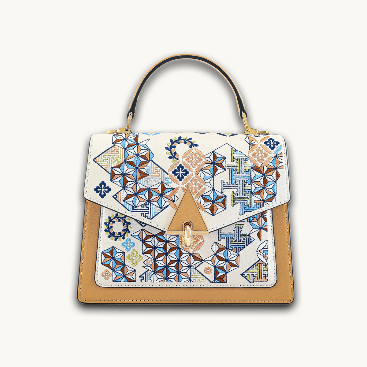 Luxuriöse handgefertigte Suzhou-Stickerei-Lederhandtasche mit geometrischem Muster