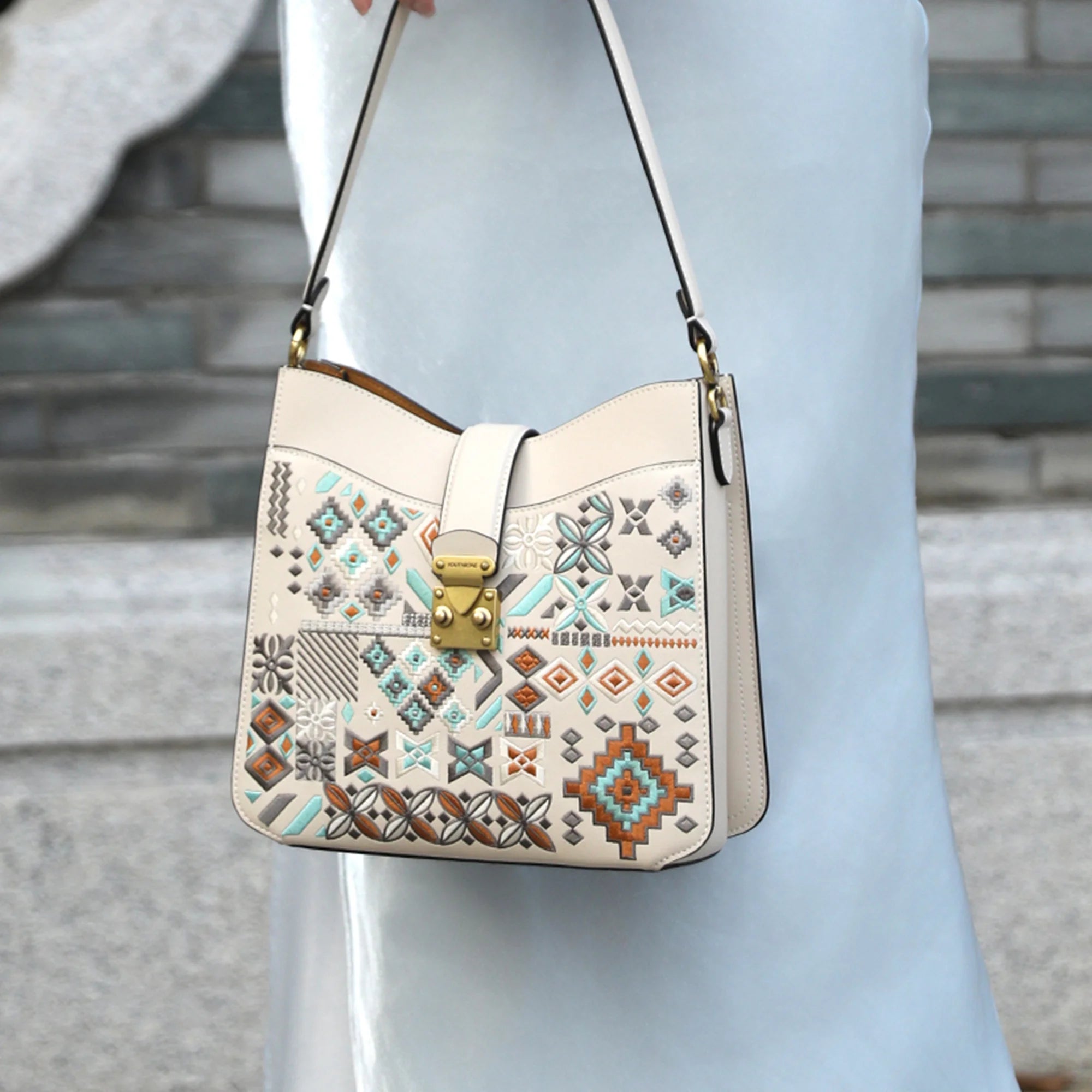 Bohemian Geometric Embroidered Genuine Leather Hobo Bag
