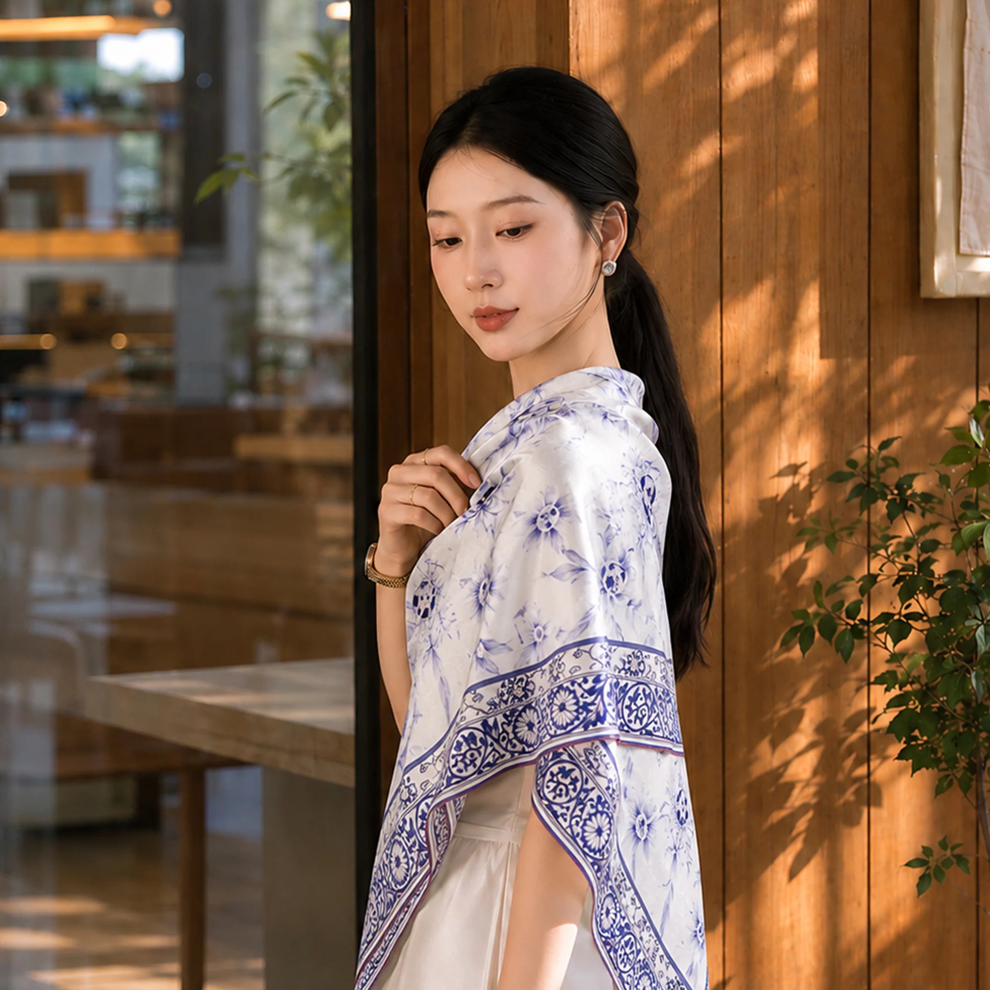 New Chinese Style Blue and White Porcelain Pattern Mulberry Silk Square Scarf