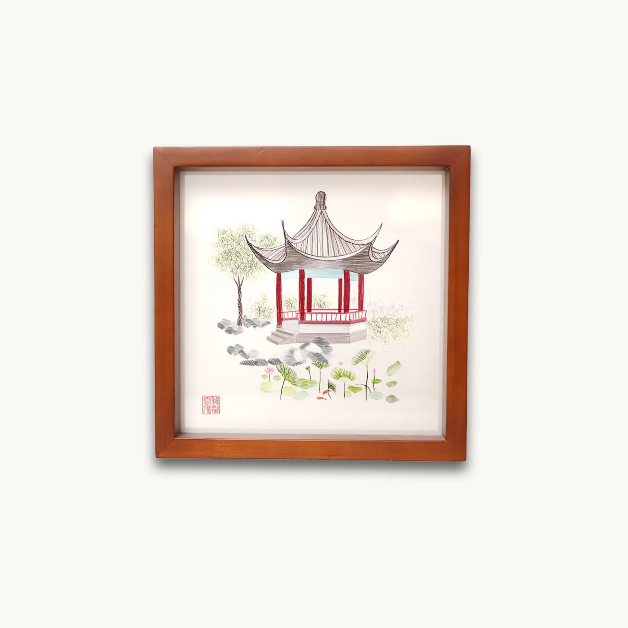 Master Handcrafted Suzhou Double-Sided Embroidery Ornament — Lotus Pavilion Garden Scene