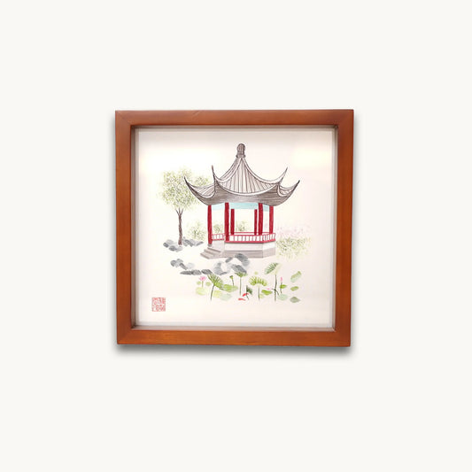 Master Handcrafted Suzhou Double-Sided Embroidery Ornament — Lotus Pavilion Garden Scene