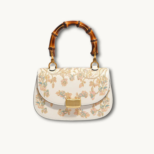 Heritage Floral Embroidery Saddle Bag with Bamboo Handle