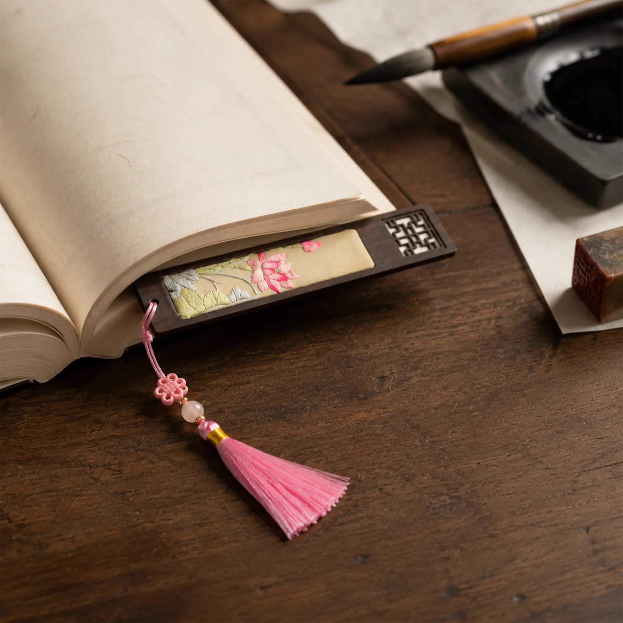 Handcrafted Silk Suzhou Embroidery Bookmark – Pink Lotus | Chinese Art Keepsake