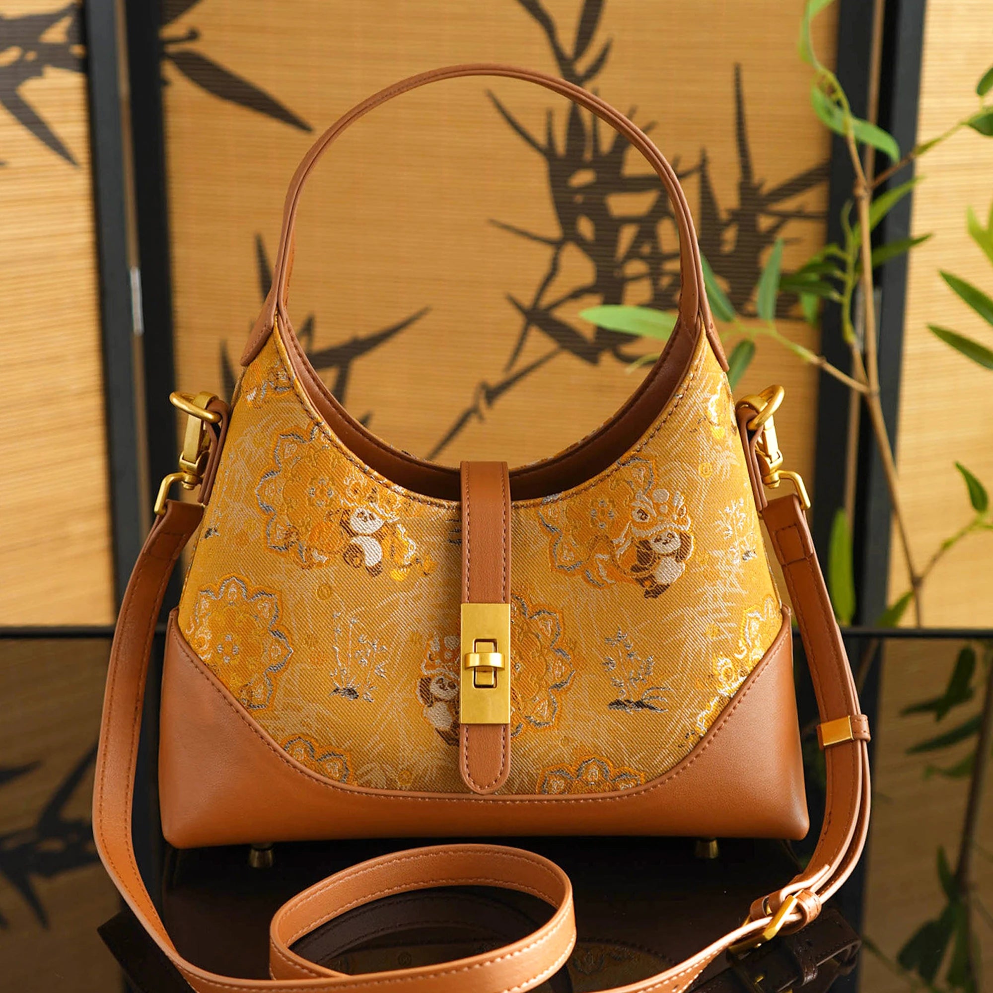 Chinoiserie Luxury Song Brocade Golden Panda Lion Dance Leather Shoulder Bag
