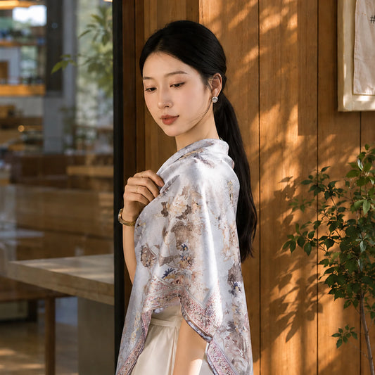 New Chinese Style Mulberry Silk Double-Sided Osmanthus & Orchid Square Scarf
