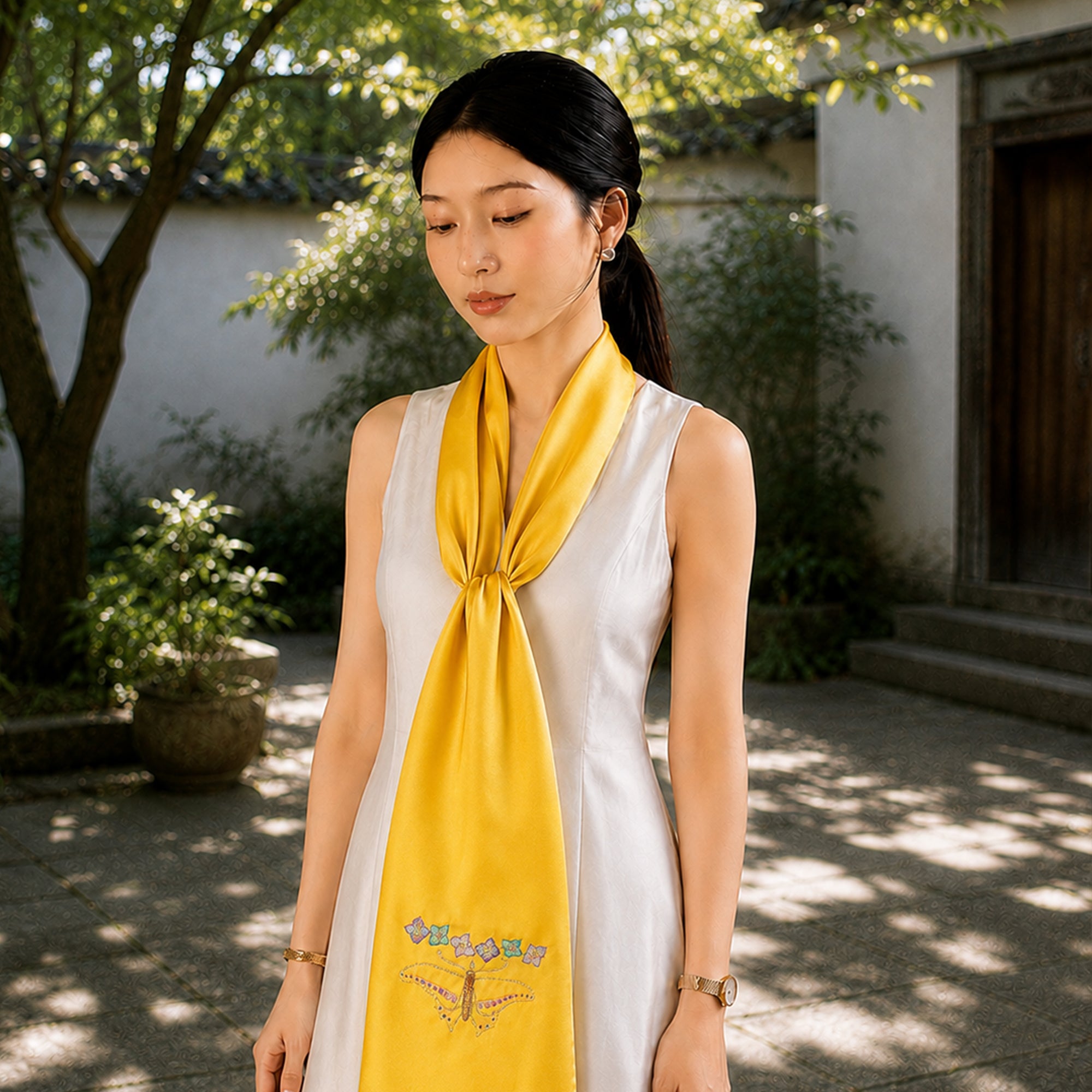 Heritage Butterfly Motif Su Embroidery Mulberry Silk Scarf — "Wings of Reverie"