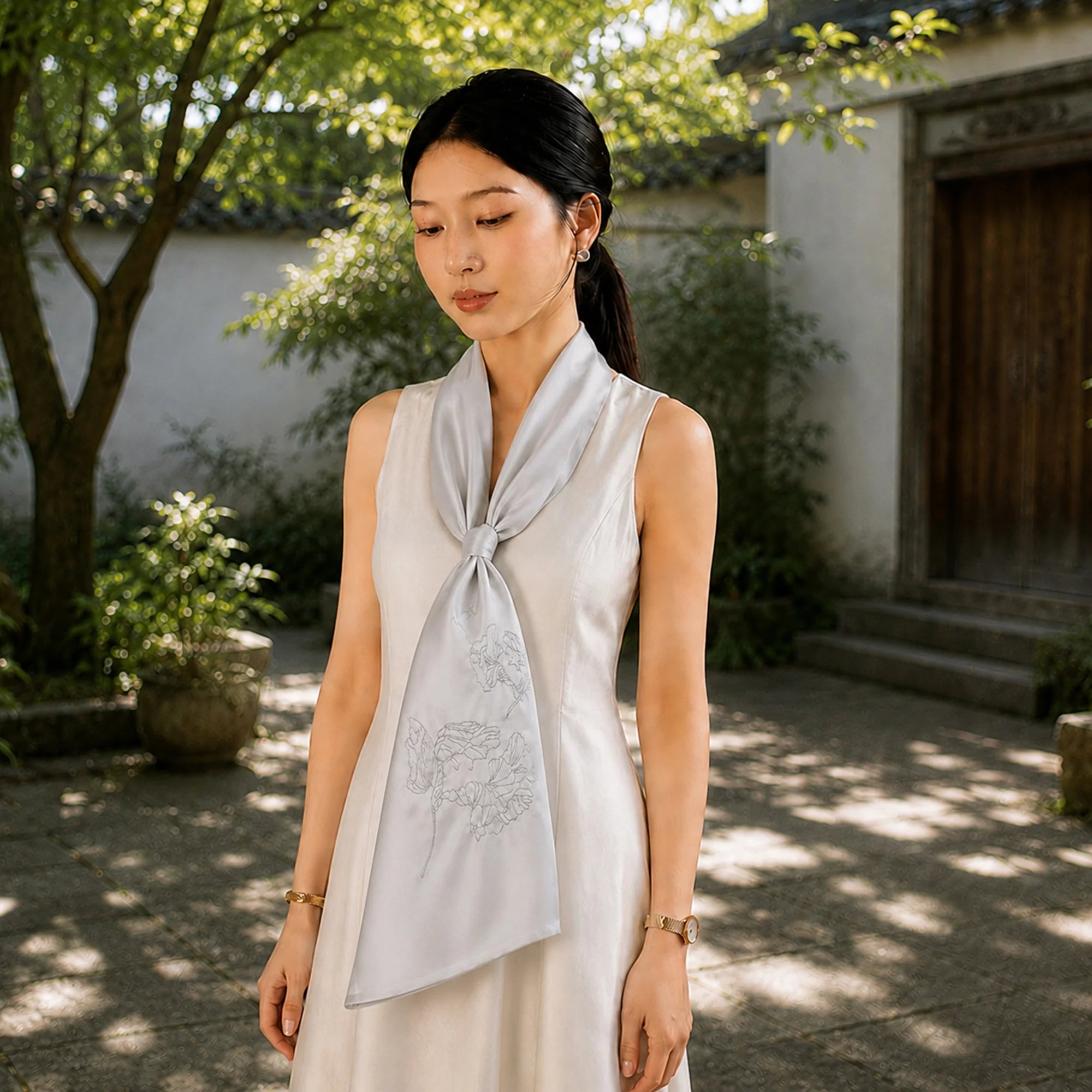 Heritage Lotus Motif Mulberry Silk Scarf — "Still Water"