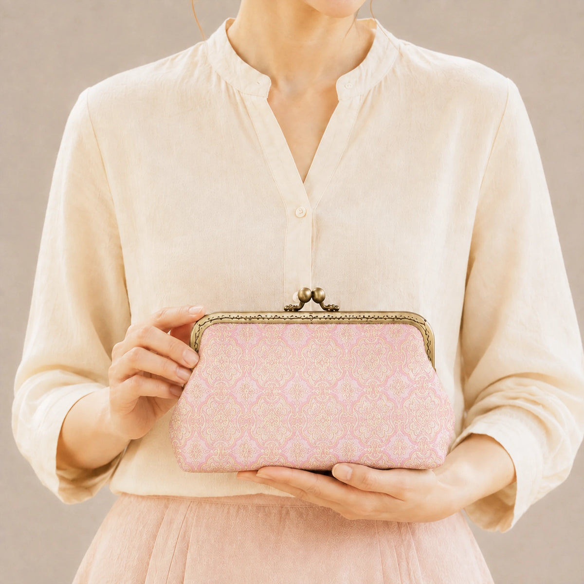 Luxury Chinese Pink Song Brocade Silk Frame Handbag with Dingsheng Motif