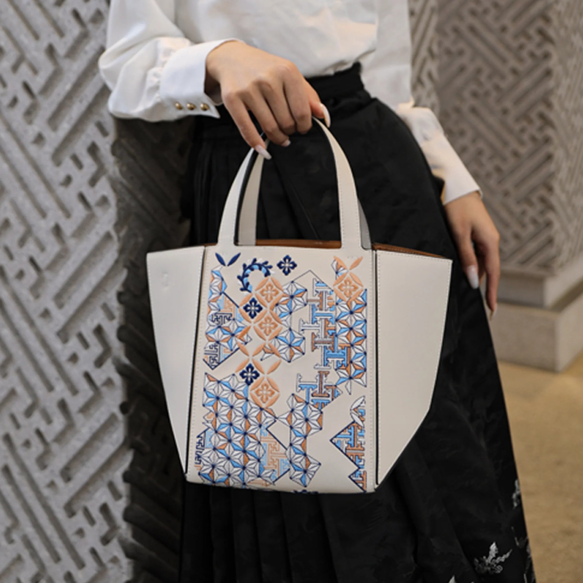 Architectural Geometric Embroidered Genuine Leather Tote Bag