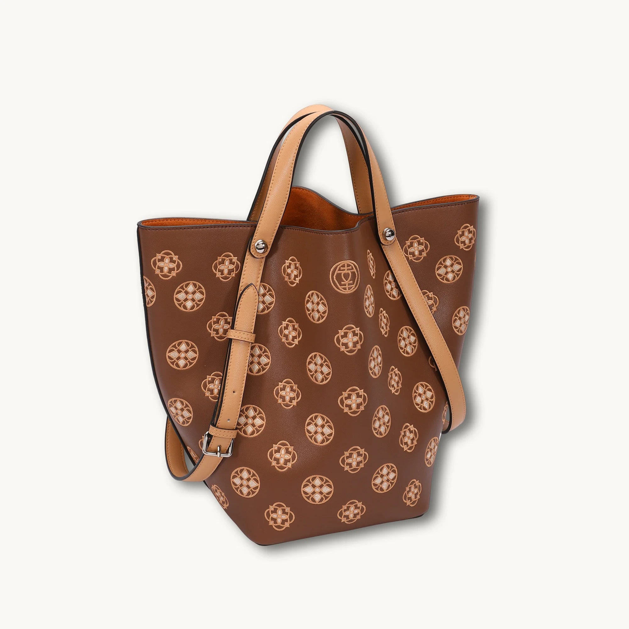 Brown genuine leather tote bag with beige flower embroidery and adjustable strap