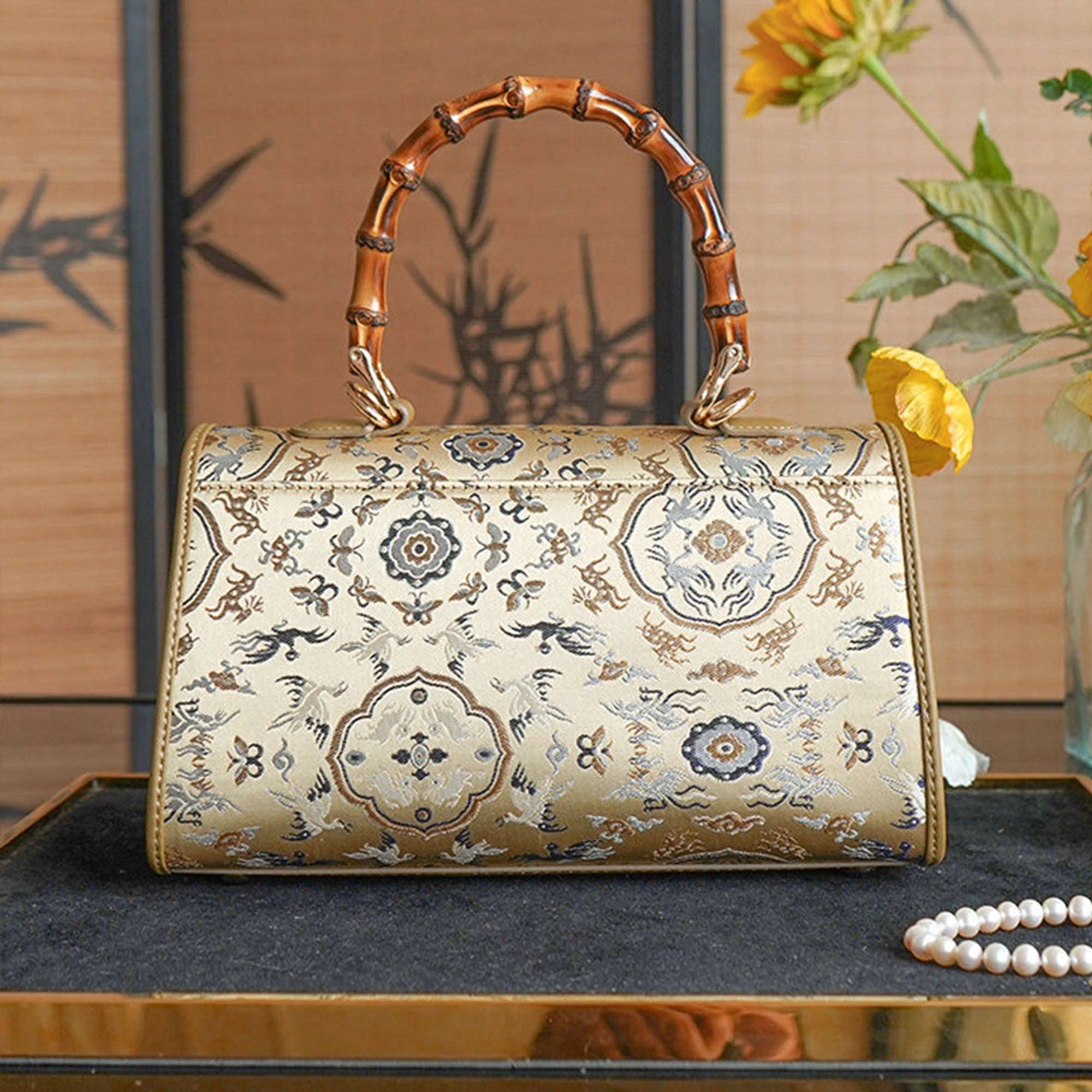 SinoCrafted green Crane and Deer Song brocade handbag with genuine leather trim and natural bamboo handle