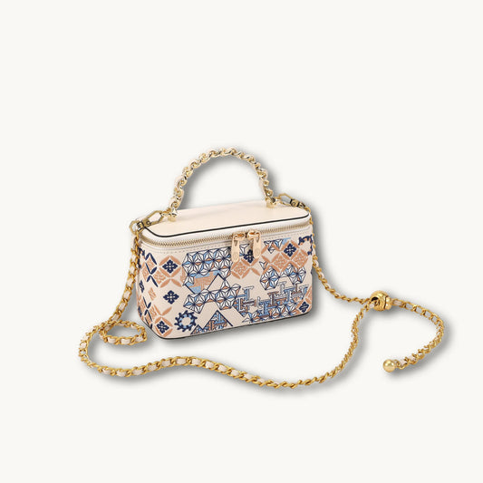 Vintage Architectural Print Box Bag with Gold Chain Double Strap