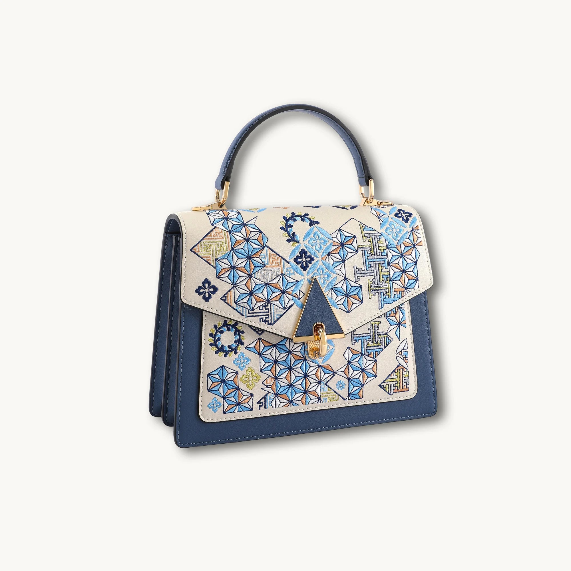 Luxury Heritage Geometric Motif Su Embroidery Leather Handbag