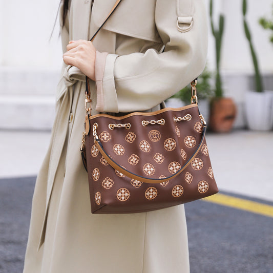 Intangible Cultural Heritage Embroidered Genuine Leather Drawstring Bucket Bag