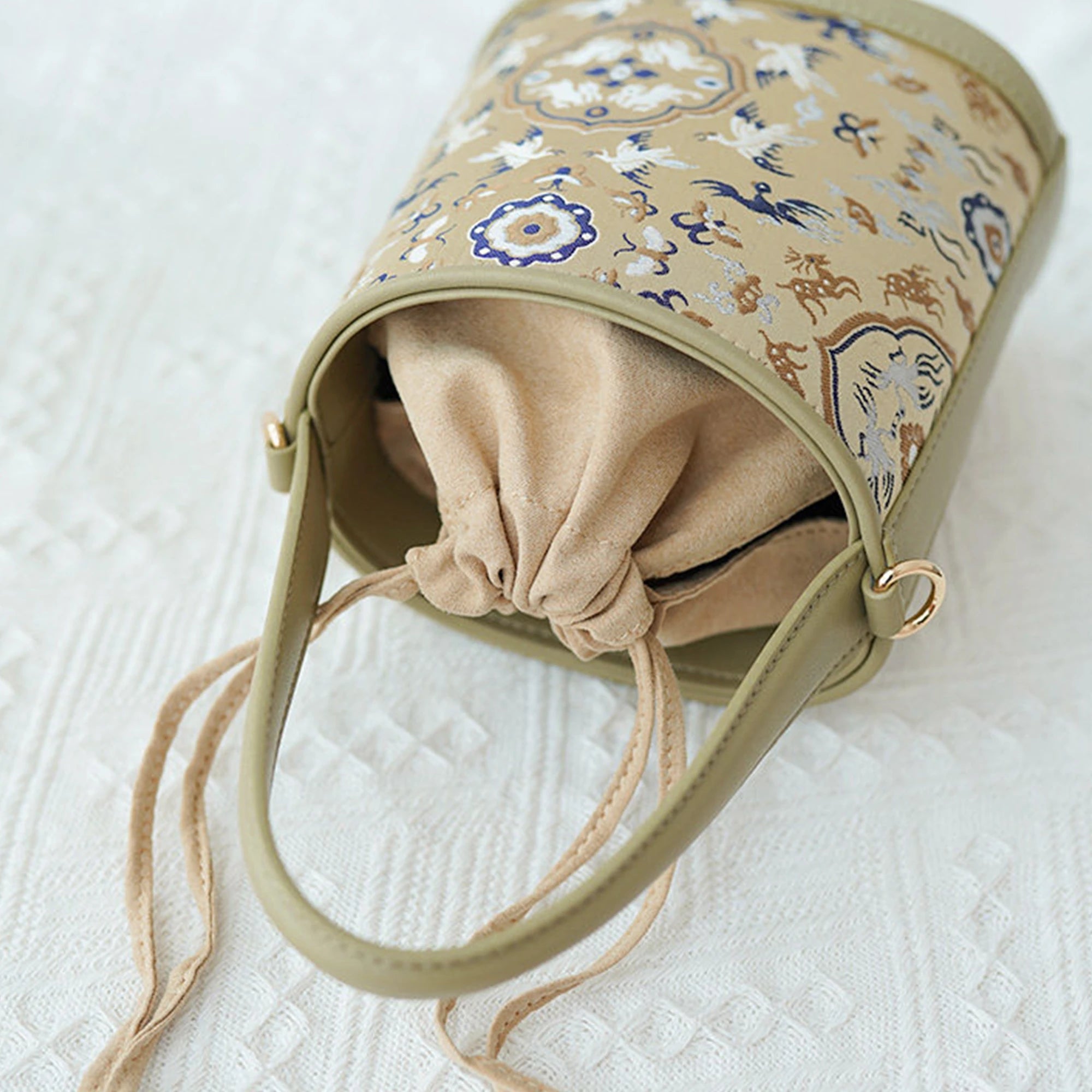 SinoCrafted Crane and Deer Song brocade bucket bag in mulberry silk with genuine leather trim