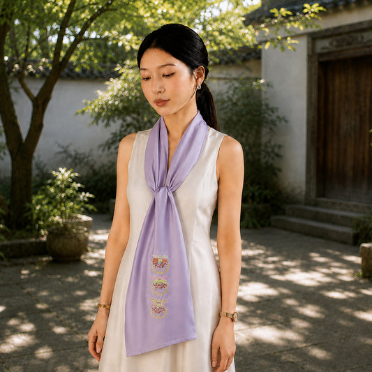 Heritage Persimmon Motif Su Embroidery Mulberry Silk Scarf — "Lunar Harvest"