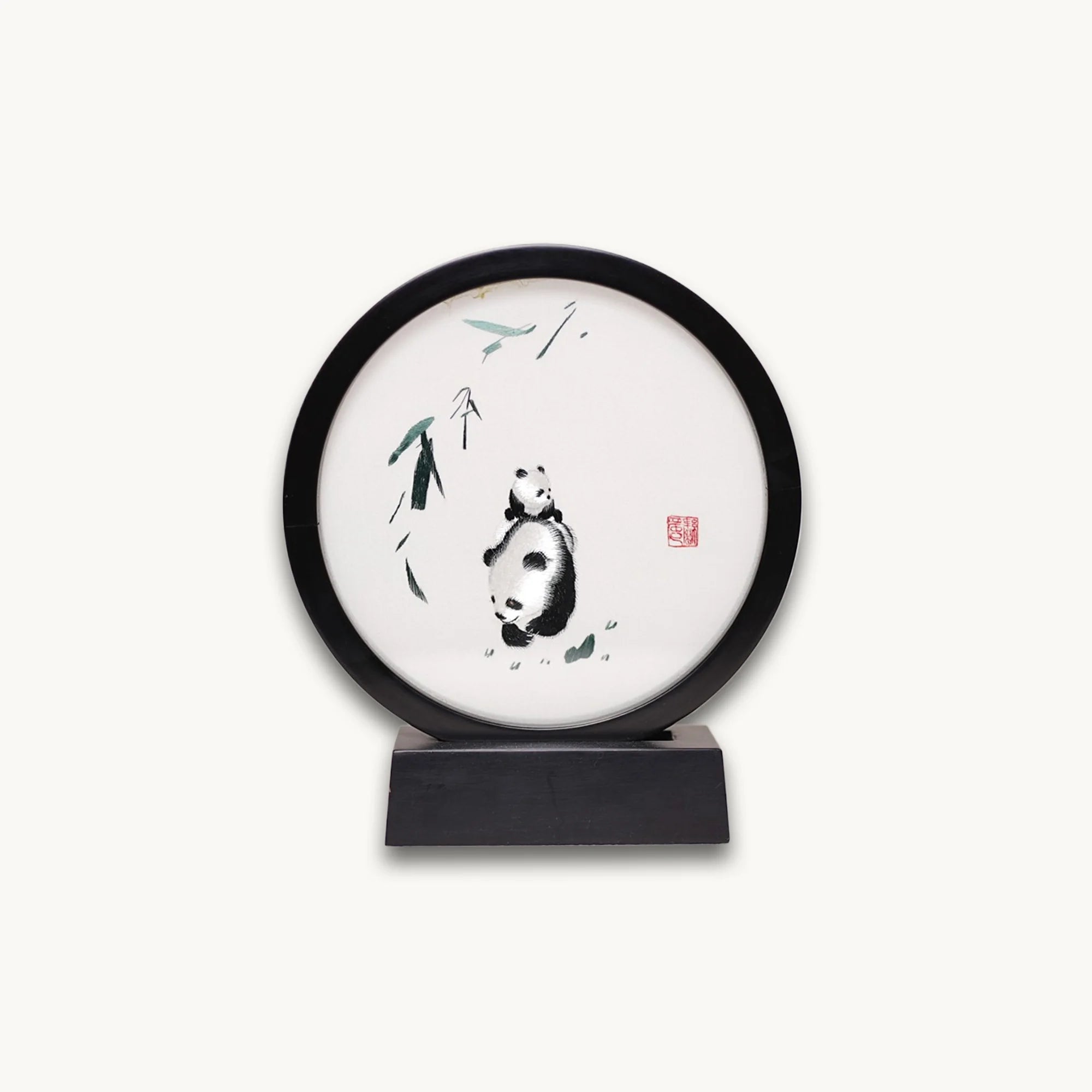 Museum-Quality Handcrafted Silk Suzhou Double-Sided Embroidery Ornament — Panda & Cub, "Bamboo Shade"