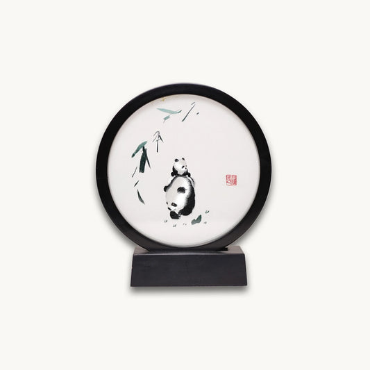 Museum-Quality Handcrafted Silk Suzhou Double-Sided Embroidery Ornament — Panda & Cub, "Bamboo Shade"
