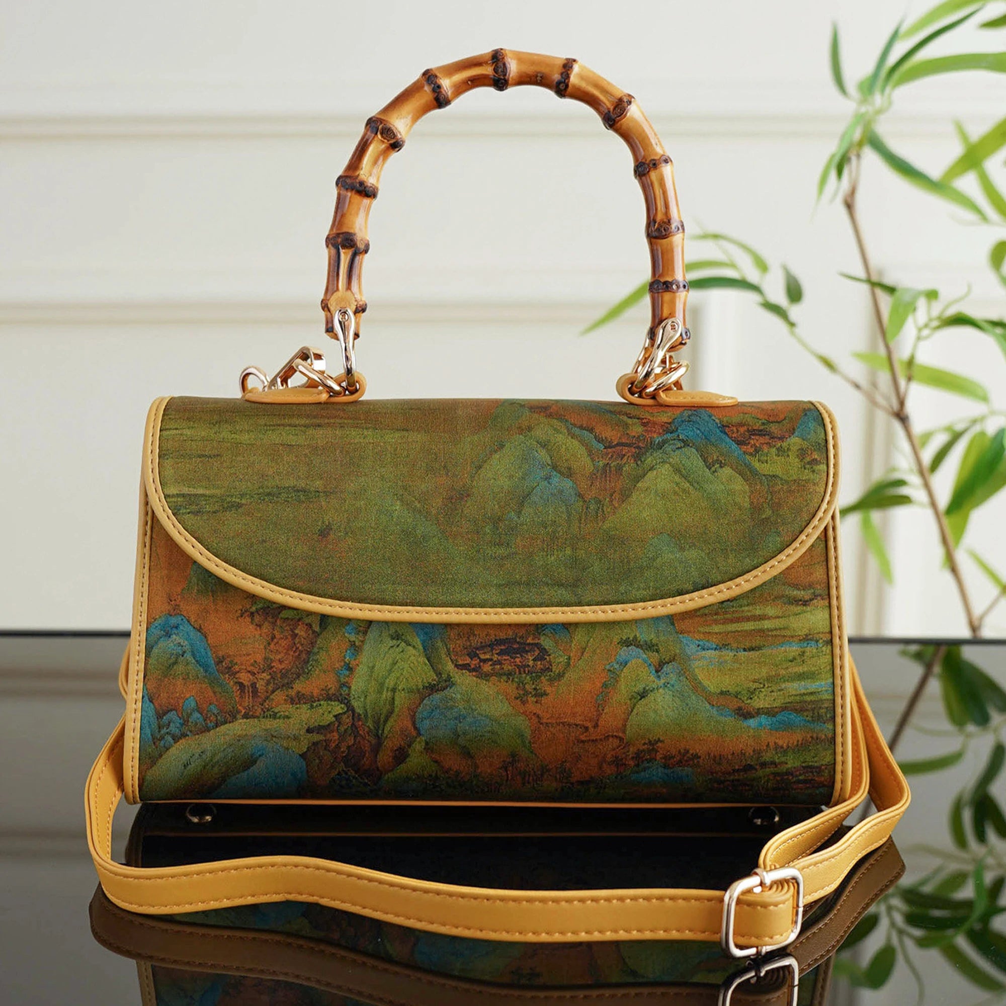 Luxury Chinese Qianli Jiangshan Xiangyun Silk Bamboo Handle Crossbody Bag