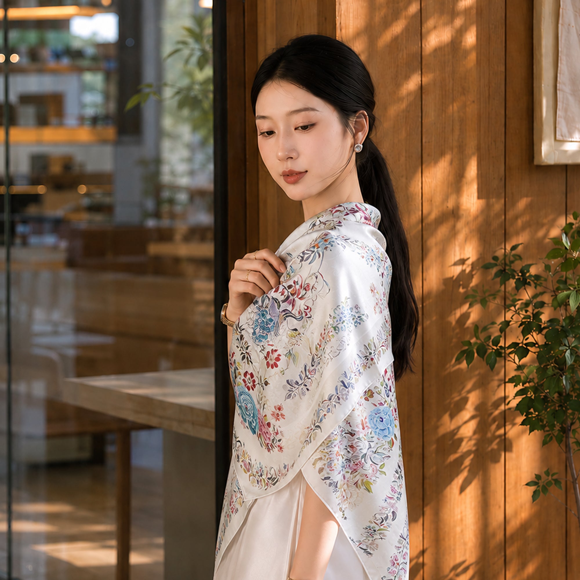 Luxury Birds & Blooms Jacquard Chinese Mulberry Silk Square Scarf