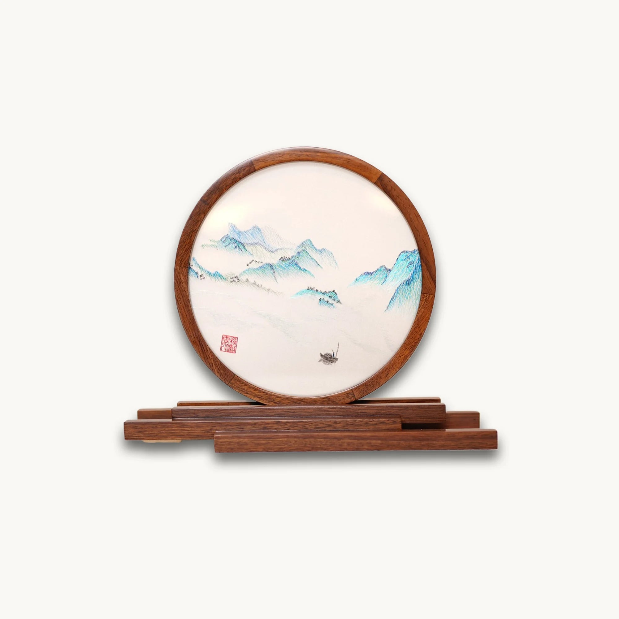 Museum-Quality Handcrafted Silk Suzhou Double-Sided Embroidery Ornament — Moonrise Over the Sea: A Thousand Miles of Rivers and Mountains