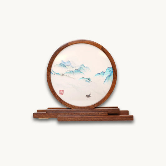 Museum-Quality Handcrafted Silk Suzhou Double-Sided Embroidery Ornament — Moonrise Over the Sea: A Thousand Miles of Rivers and Mountains