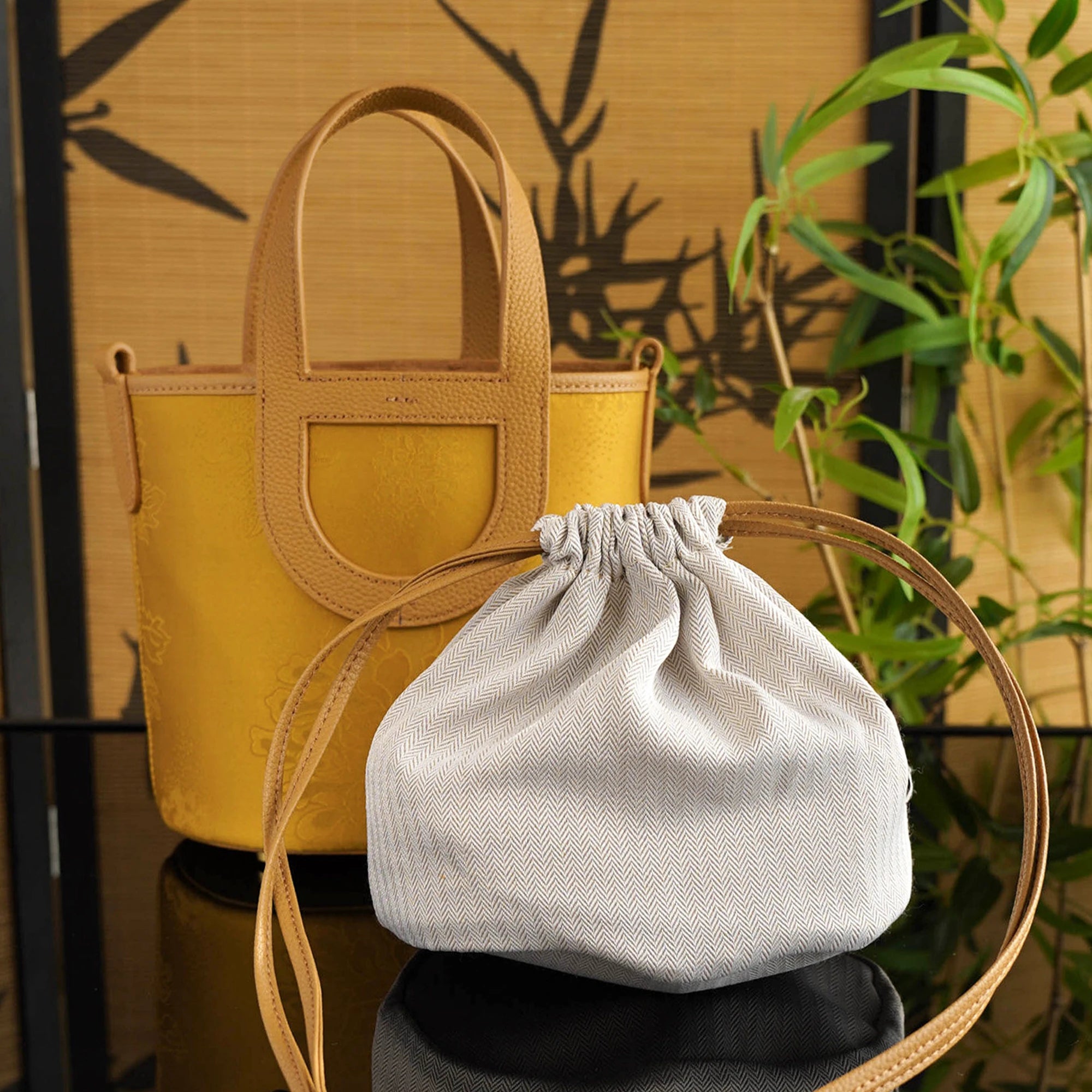 SinoCrafted golden silk Xiangyunsha peony handbag with genuine leather handles