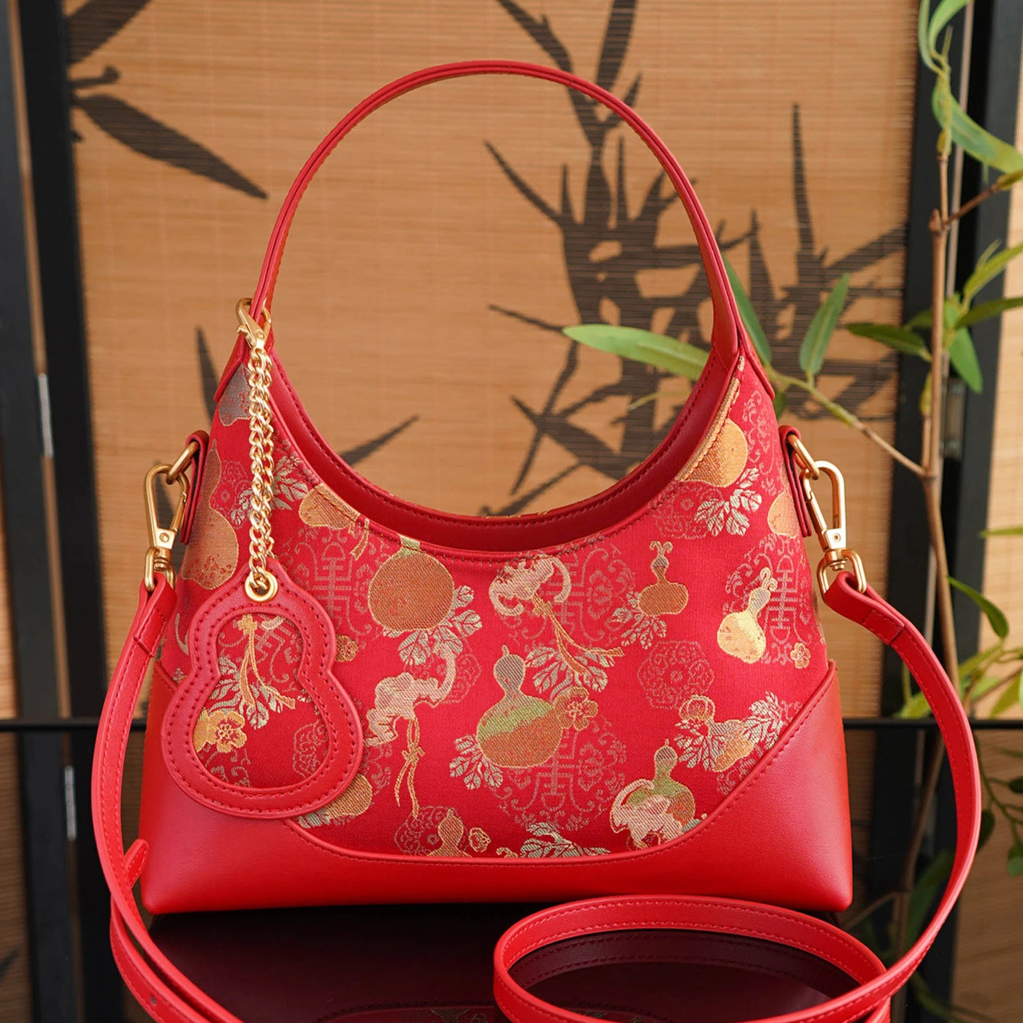 SinoCrafted red and gold Fu Lu gourd Song brocade handbag with genuine leather trim
