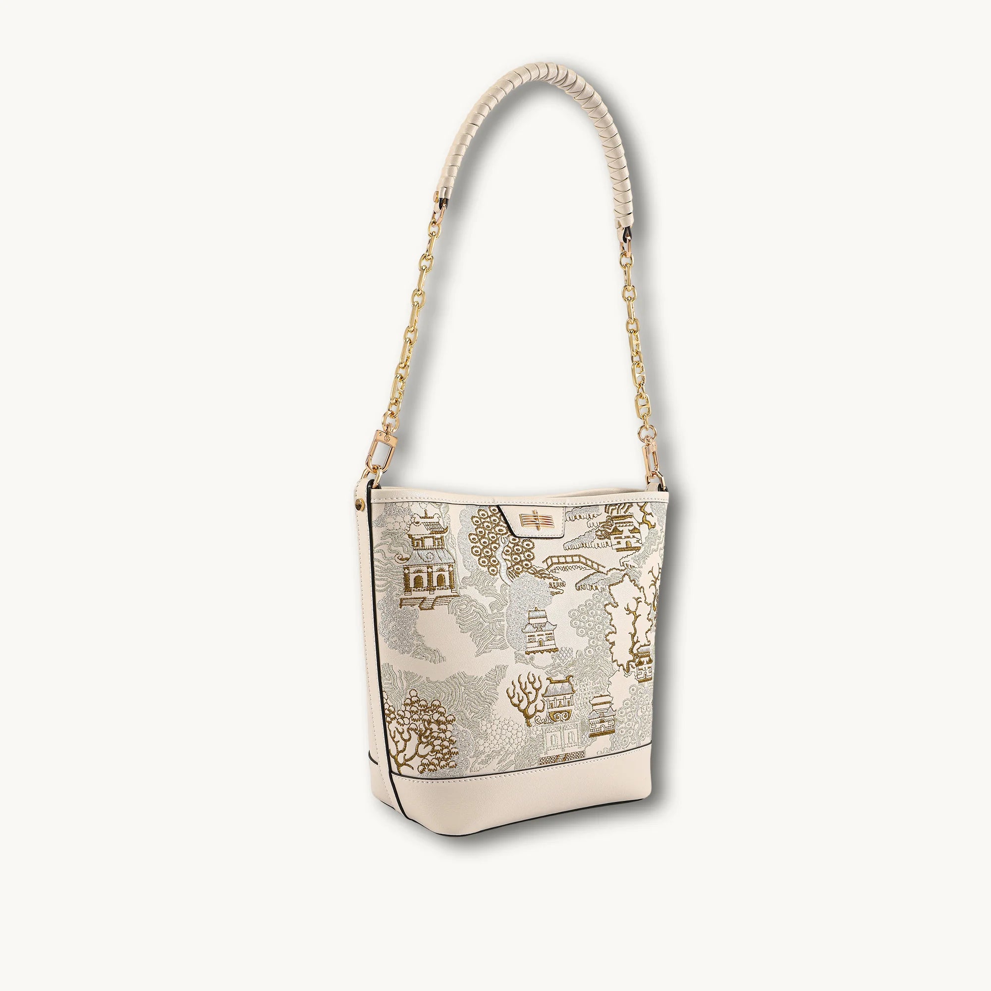 Chinese Style Oriental Print Bucket Bag with Chain-Trimmed Leather Strap
