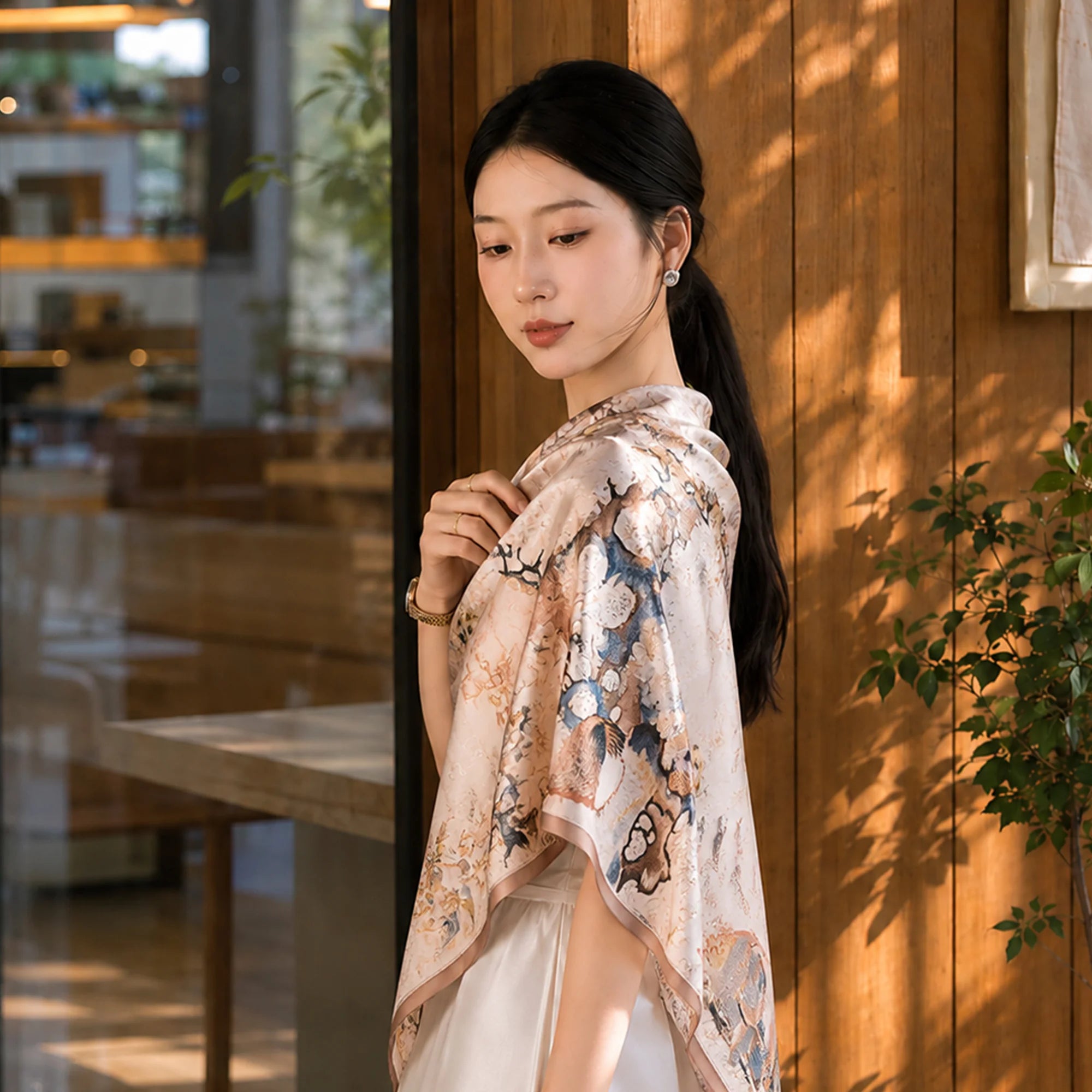 Luxury Chinese Style Spring Glow Mulberry Silk Shawl Square Scarf