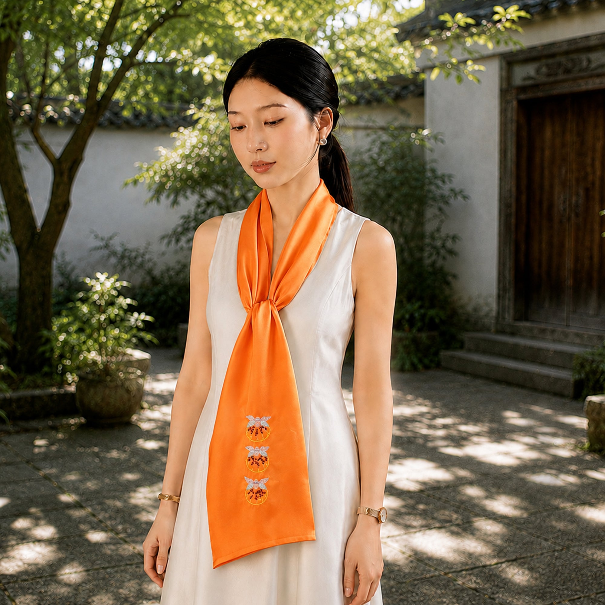 Luxury Handcrafted Suzhou Embroidery Mulberry Silk Scarf—Orange Pomegranate Motif