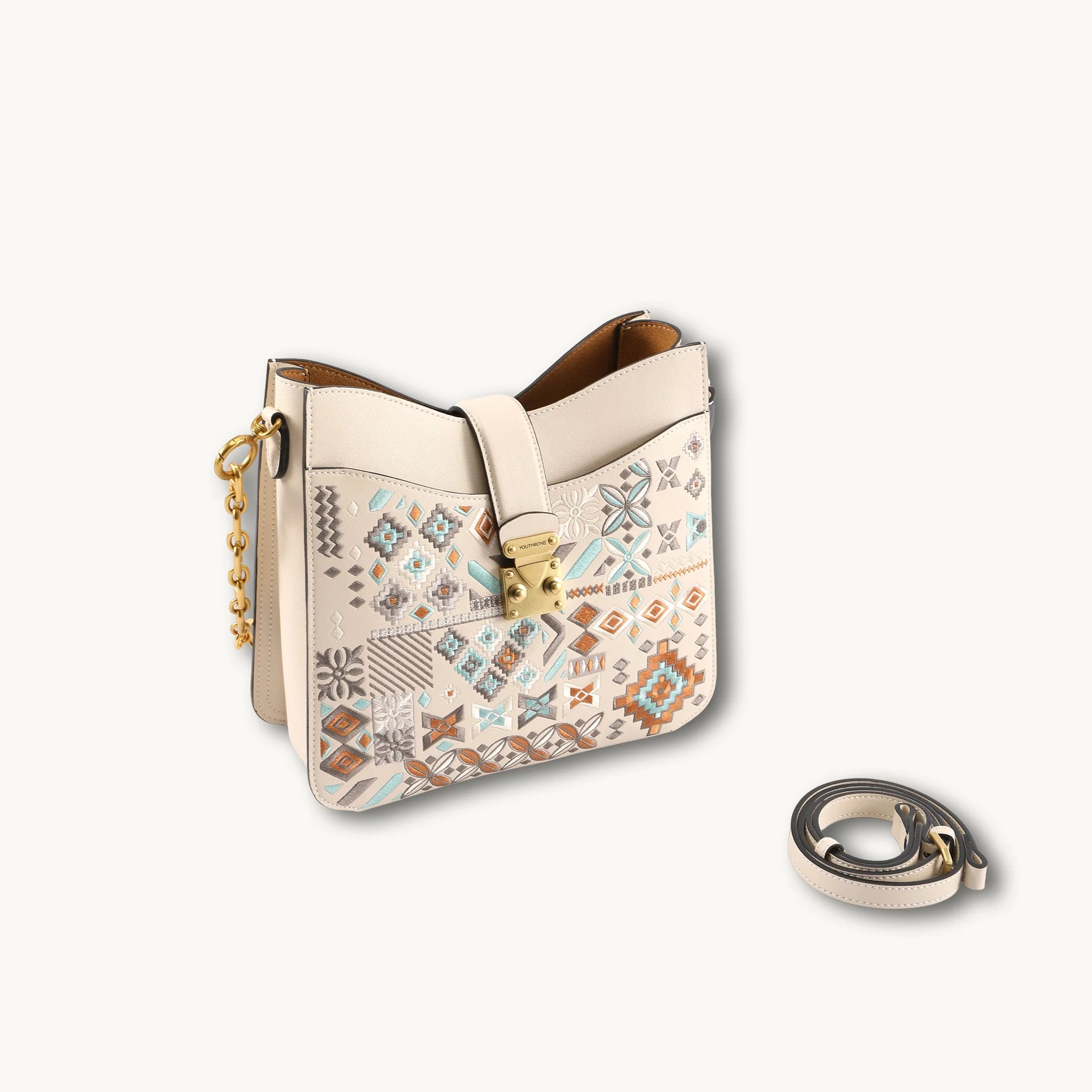 Bohemian Geometric Embroidered Genuine Leather Hobo Bag