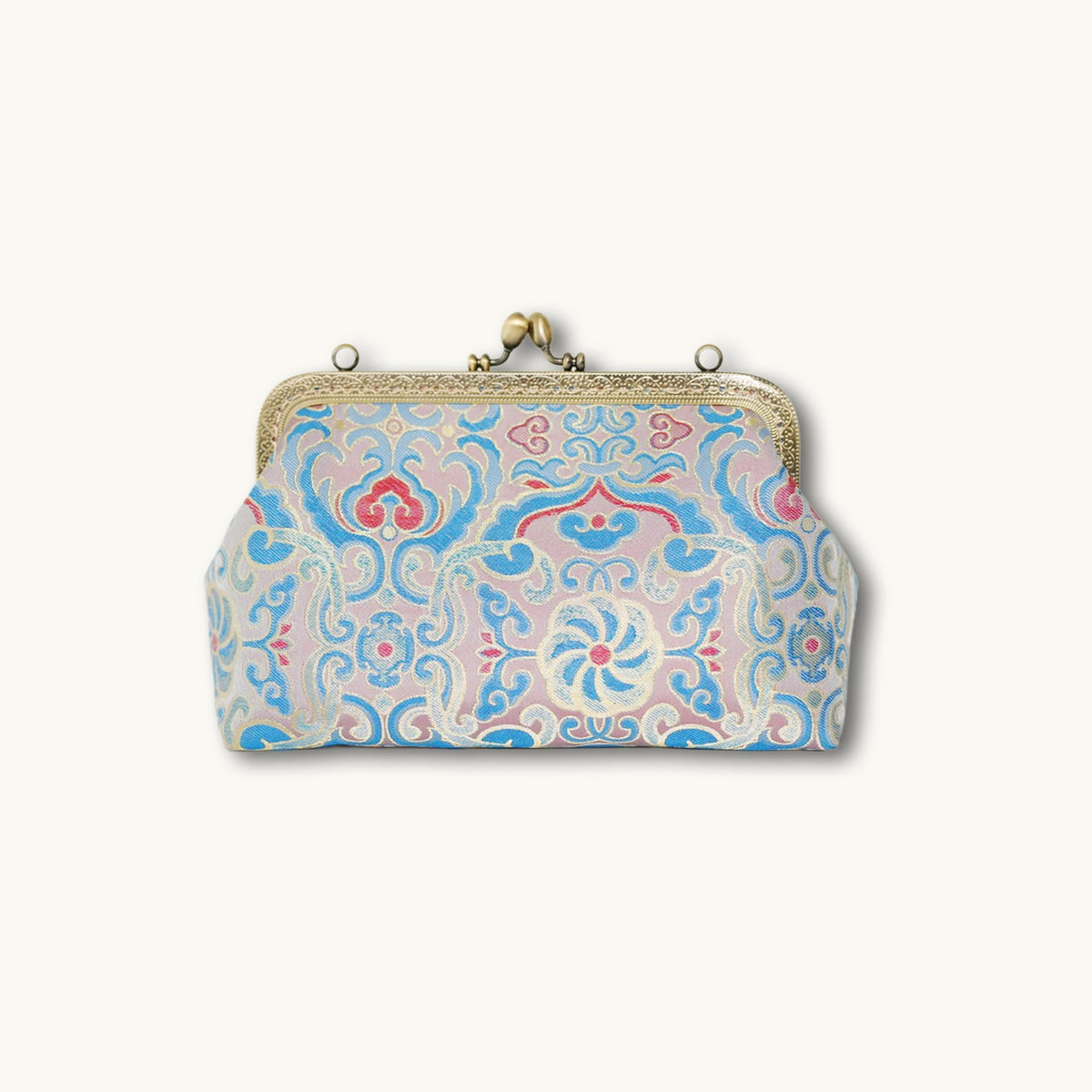 Luxury Chinese Blue Song Brocade Silk Frame Handbag with Traditional Scroll Motif