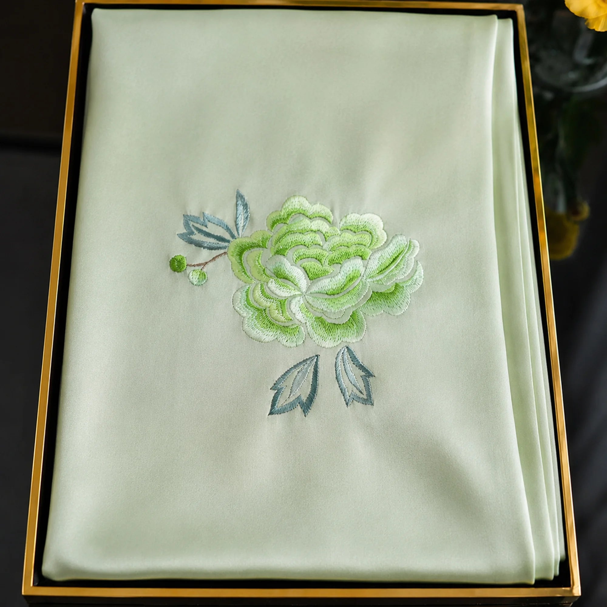 Hand-Embroidered Su Embroidery Mulberry Silk Scarf — "Jade Blossom"