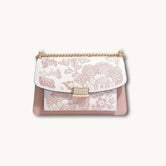 Elegant women's genuine leather flap crossbody bag crafted with delicate Chinese begonia floral Suzhou embroidery on the front flap, two-tone pink and off-white color matching, fitted with textured gold twist lock and polished metal chain shoulder strap, ideal daily fashion handbag for casual and formal occasions