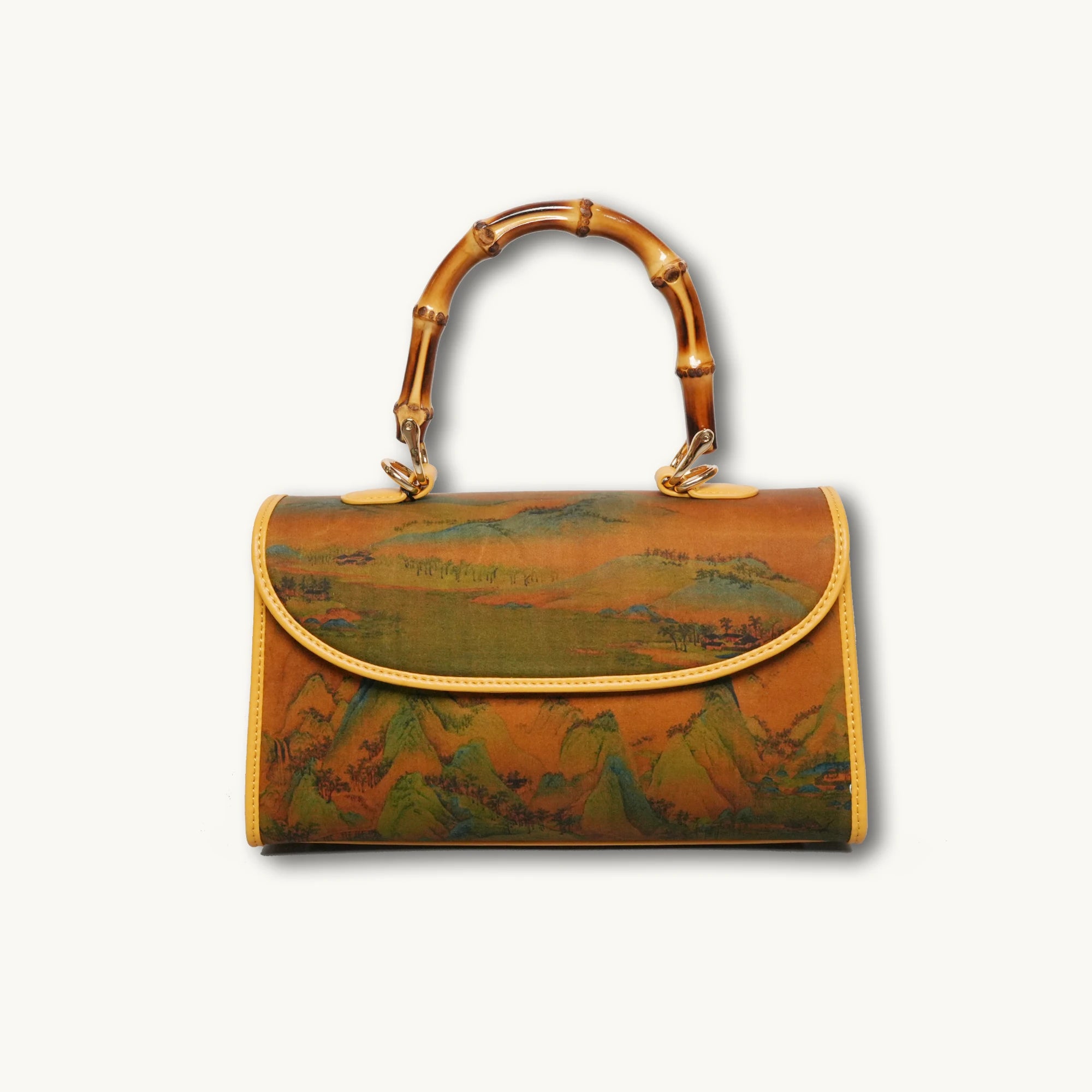 Luxury Chinese Qianli Jiangshan Xiangyun Silk Bamboo Handle Crossbody Bag