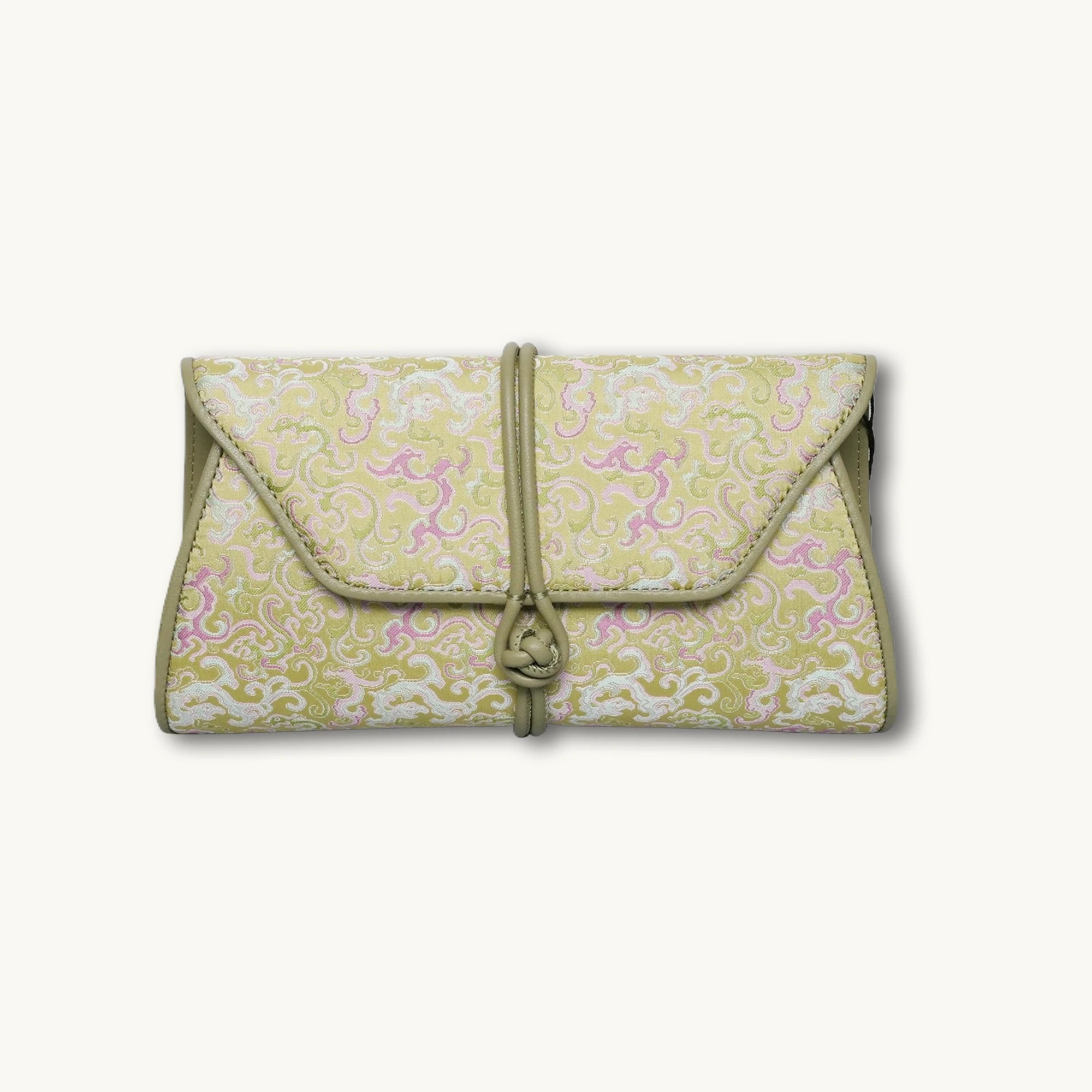 Chinoiserie Luxury Song Brocade Scrolling Vine Kui Dragon Leather Clutch Bag