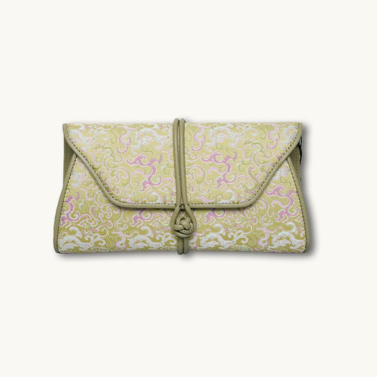 SinoCrafted light green Song brocade clutch bag with scrolling vine and Kui dragon motifs and leather trim