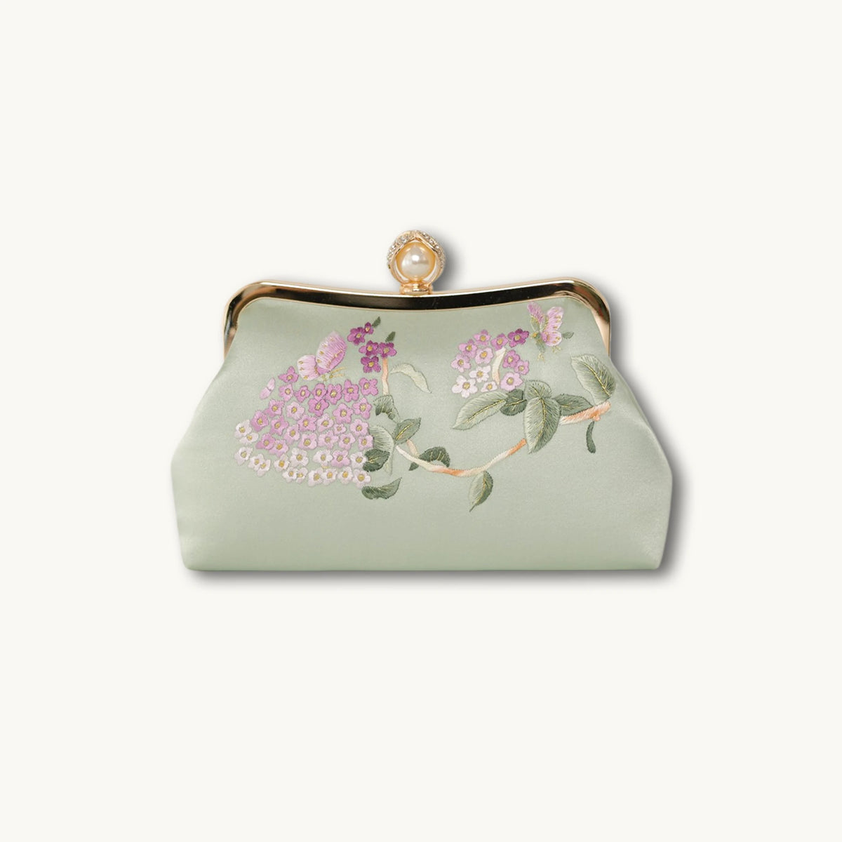 Chinoiserie Luxury Light Green Suzhou Embroidery Floral Mulberry Silk Frame Handbag